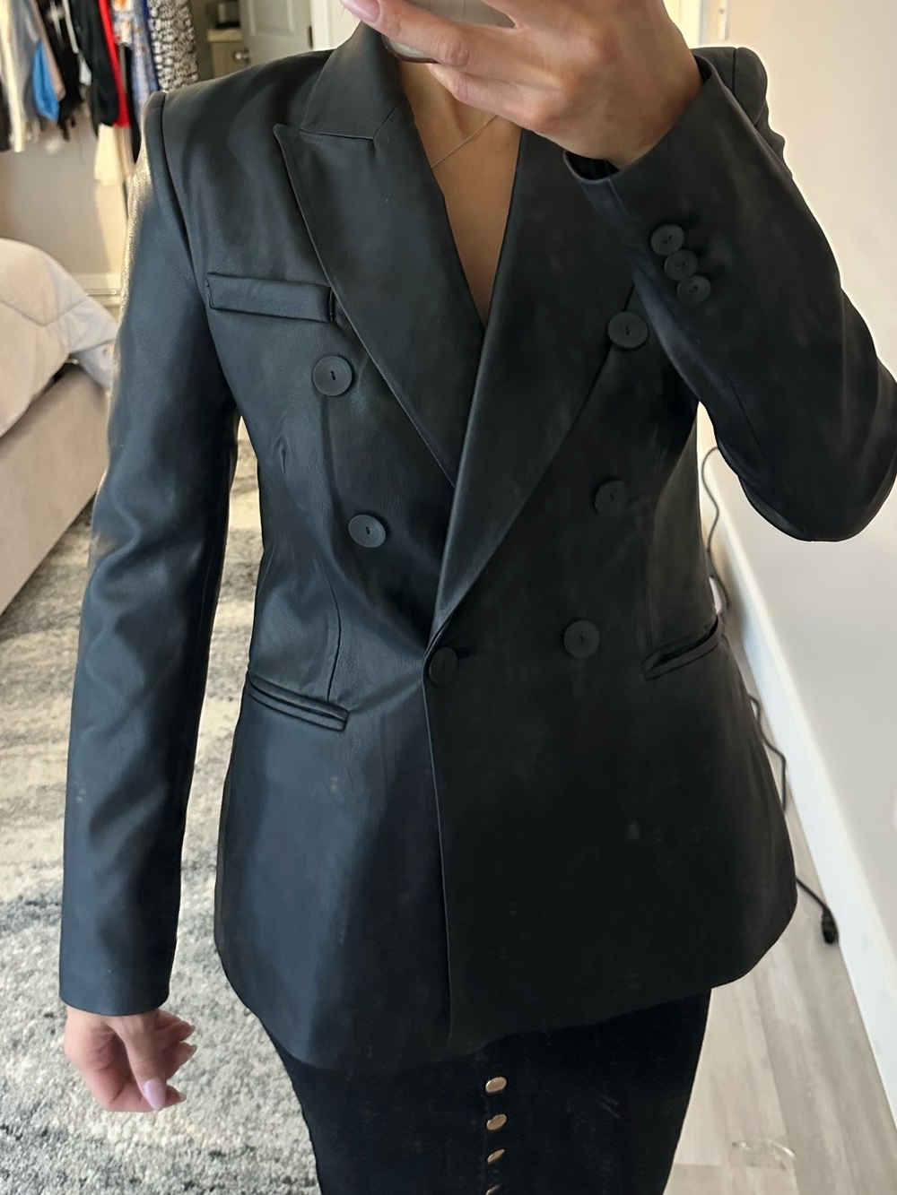 Zara Black Double-Breasted Leather Pea Coat